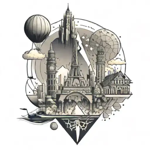 A Geometric Tattoo With Landmarks From Around The World Representing The Client's Love For Travel