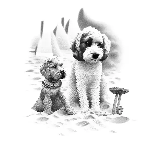 A Beach Scene With Your Daughters Building Sandcastles And A Dog Playing Nearby