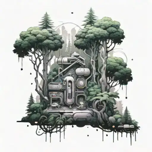 A Futuristic Video Game Scene Set In A Lush Forest With Elements Of Nature And Technology Combined