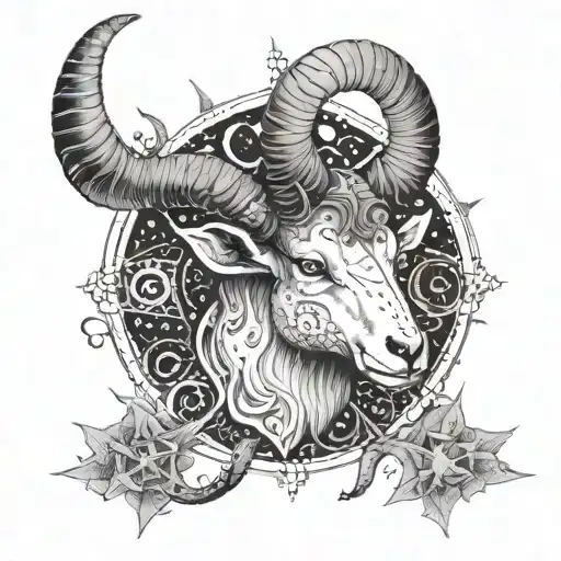 A Celestial Scene With A Sun Wearing Ram Horns And A Plus Sign In The Background