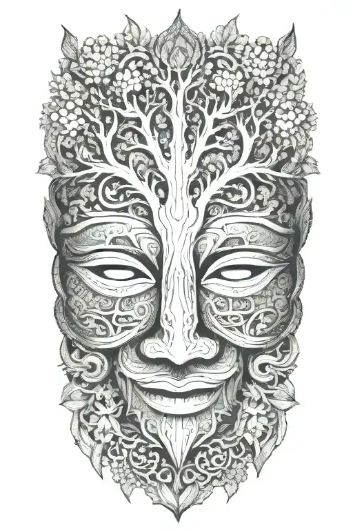 Combine Elements Of A Kota Mask And An Oak Tree To Symbolize Strength And Heritage