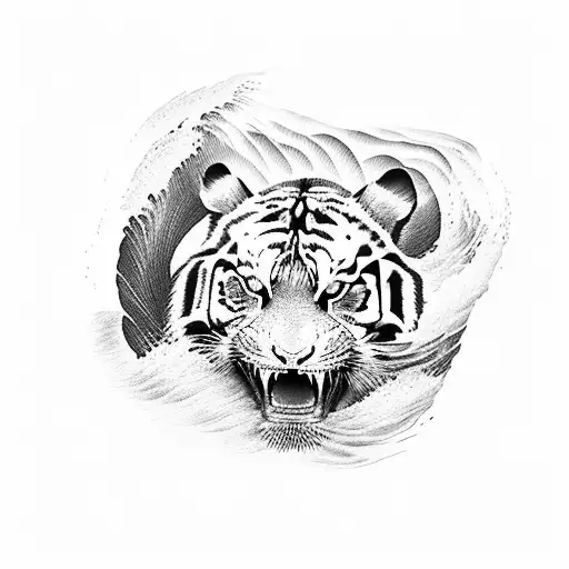 A Fierce Tiger Running Through Waves In Dotwork Style