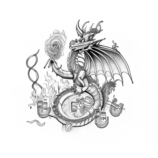 A Dragon Surrounded By Musical Instruments And Smoke Forming Musical Notes