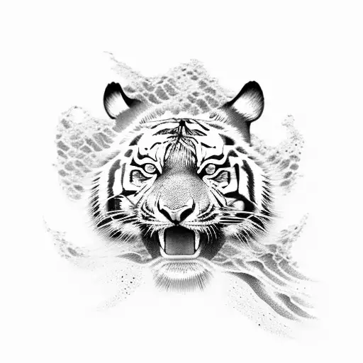 A Fierce Tiger Running Through Waves In Dotwork Style