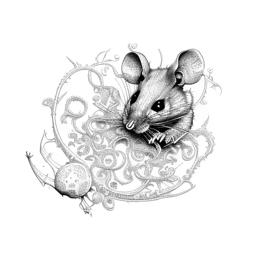 An Intricate Dotwork Design Of A Skeletal Mouse With Delicate Floral Patterns