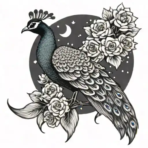 Peacock Sitting On Crescent Moon With Flowers