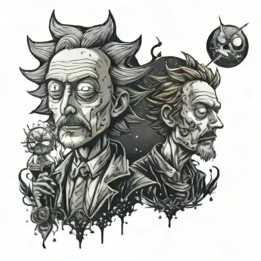 A Dark And Mysterious Portrait Of Rick And Morty In A Gothic Setting