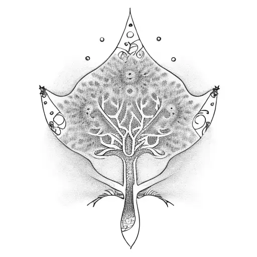 A Dotwork Tattoo Of A Tree Of Life With Each Leaf Representing A Different Family Member's Name