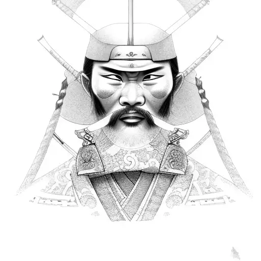Samurai Man Realism Face Black And White