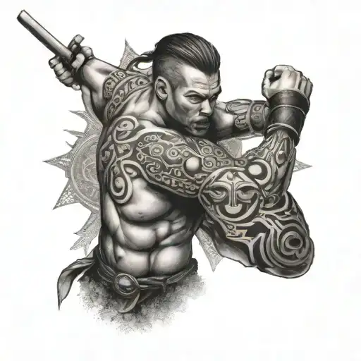 An Intricate Dotwork Tattoo Featuring A Warrior Engaged In Mixed Martial Arts