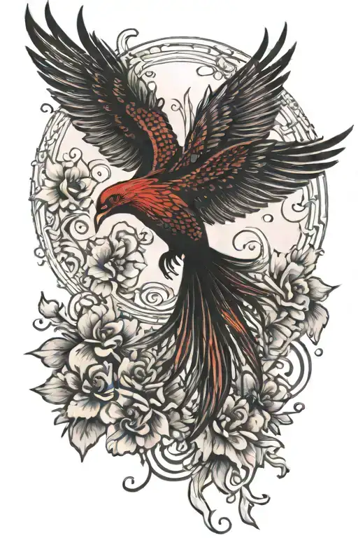 Simple Peaceful Flying Black And Red Phoenix With Flowers Back
