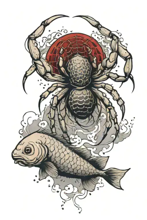 A Large Spider And Japanese Red Carp Swimming Around It