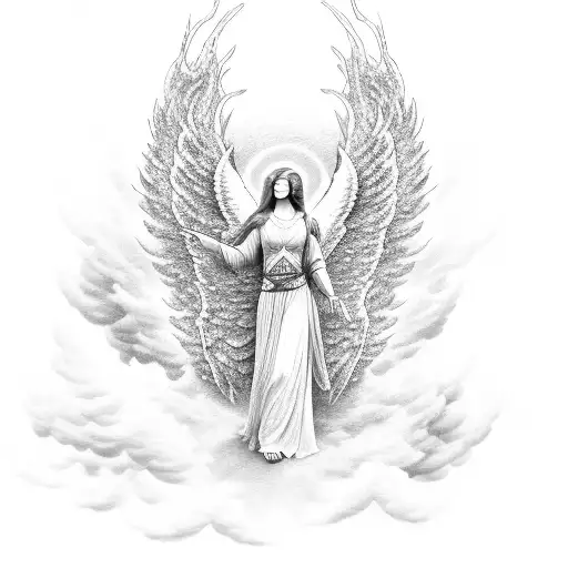 A Dotwork Tattoo Of A Guardian Angel With Wings Made Of Clouds