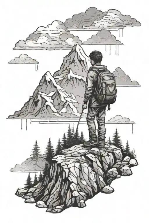 An Intricate Design Of A Mountain Landscape With A Boy Carrying A Bag In The Rain