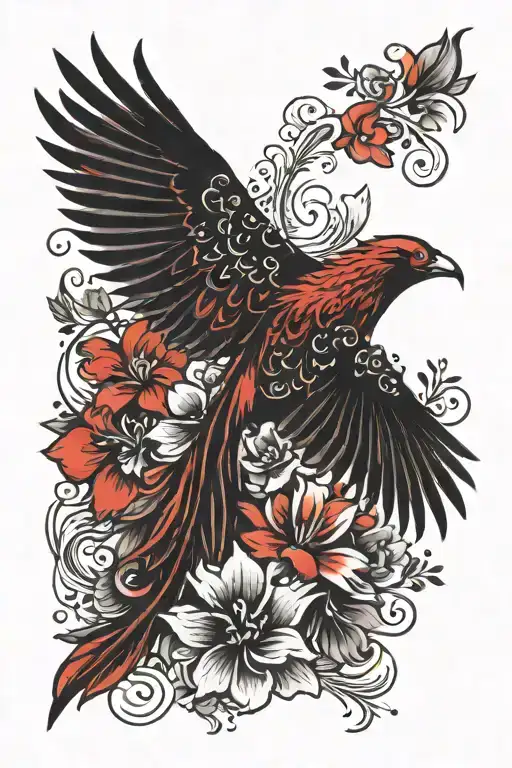 Simple Peaceful Flying Black And Red Phoenix With Flowers Back