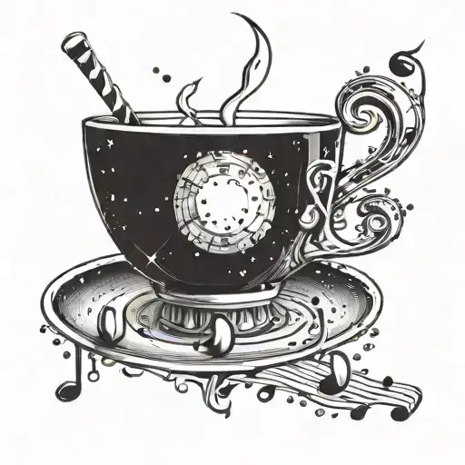 A Celestial Coffee Cup Floating In Outer Space Surrounded By Music Notes