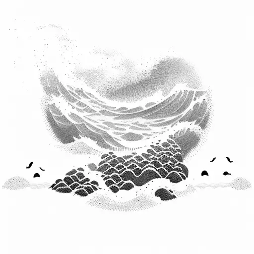 A Serene Ocean Landscape With Indie-inspired Waves Crashing Against A Cat-shaped Rock Formation