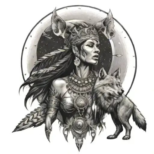 Warrior Indian Woman Standing In Full Moon And Wolf Howling