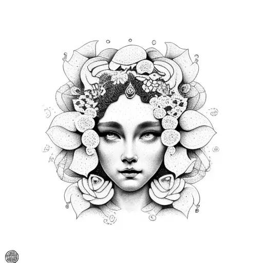 A Dotwork Tattoo Featuring A Serene Medusa Surrounded By A Garden Of Blooming Flowers
