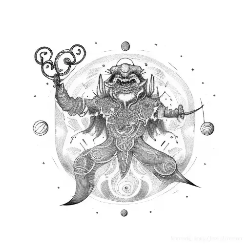 An Ornamental Demon Conductor Leading A Symphony Of Stars And Planets