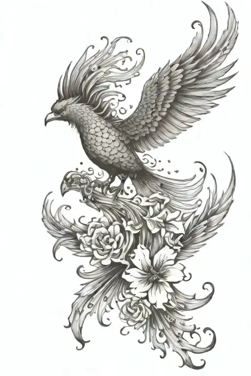 Peaceful Flying Phoenix With Wings Open Flames And Flowers