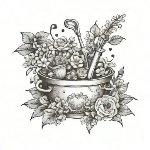 A Garden Scene With Pastry Chef Tools Hidden Among The Flowers