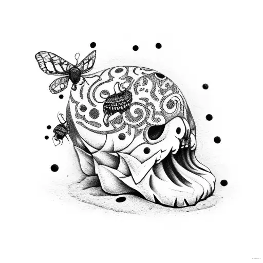 A Dotwork Tattoo Of An Animal Skull Surrounded By Moths And Mushrooms