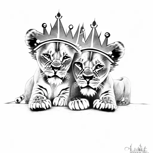 Two Lion Cubs With Royal Crowns On Their Head And Tribal Design