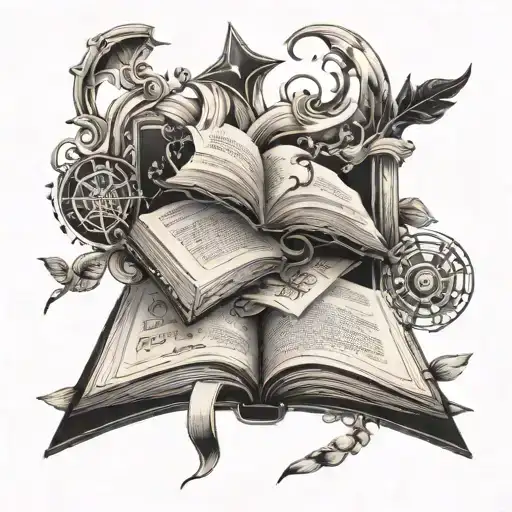 A Tattoo Design Featuring An Open Book With Various Literary Symbols And Motifs