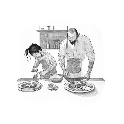 A Dotwork Tattoo Of A Father And Daughter Cooking A Meal Together