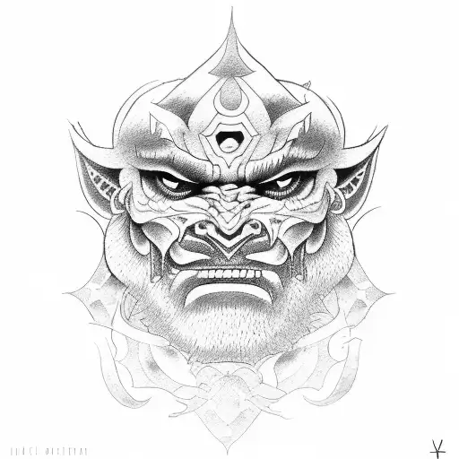 A Tattoo That Covers Up A Medium Sized Oni Mask