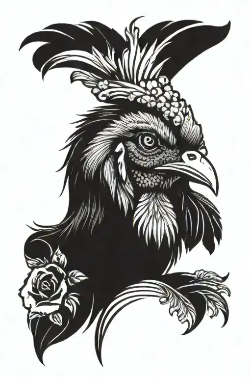 Head Of Rooster Drunk Beer With Flowers Around