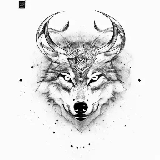 Wolf Head Howling With Bull Horns