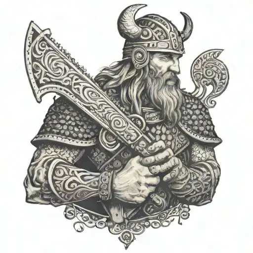 Viking Warrior Holding A Rifle With Intricate Dotwork Details