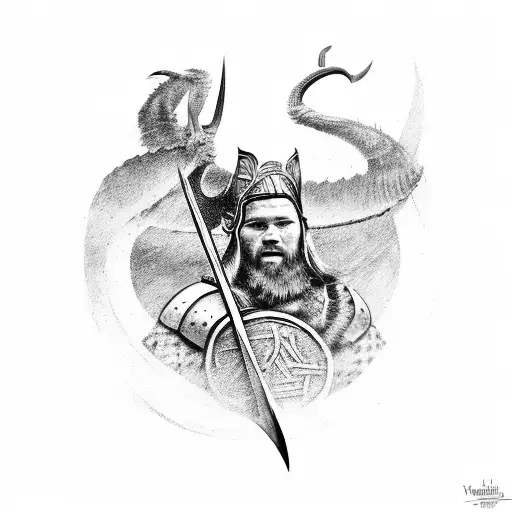 Viking Warrior In A Fierce Battle With A Mythical Creature