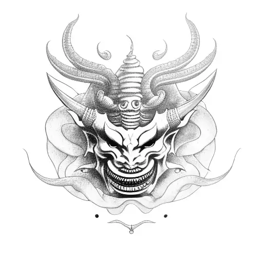 Horned Hannya Mask With Ominous Smile And Beautifull Flowers With A Snake Wrapped Around The Mask