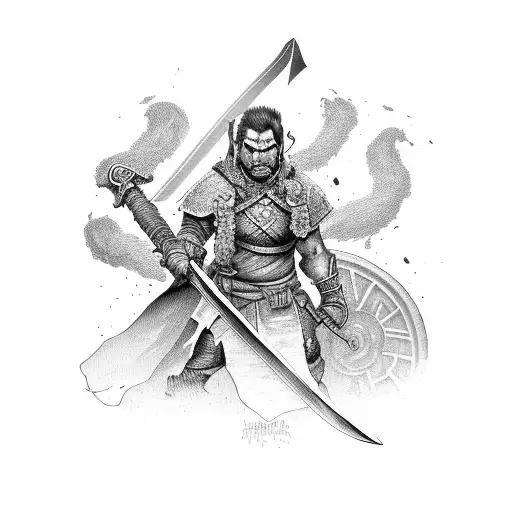 Half-orc Warrior Wielding A Massive Sword In A War-torn Battlefield