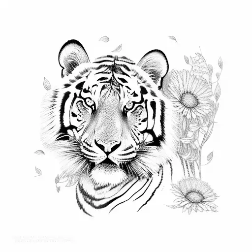 A Tiger Stalking Its Prey Amidst A Field Of Wildflowers