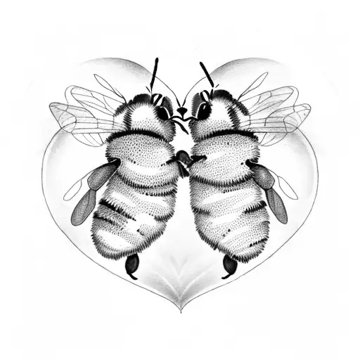 Two Bumble Bees In Love Flying Holding A Heart Between Each Other