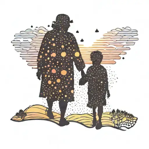 A Silhouette Of A Grandma And Grandson Holding Hands Under A Colorful Sunset Sky
