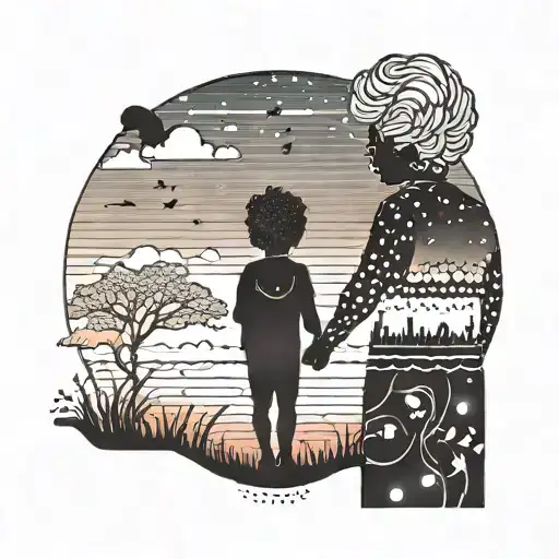 A Silhouette Of A Grandma And Grandson Holding Hands Under A Colorful Sunset Sky