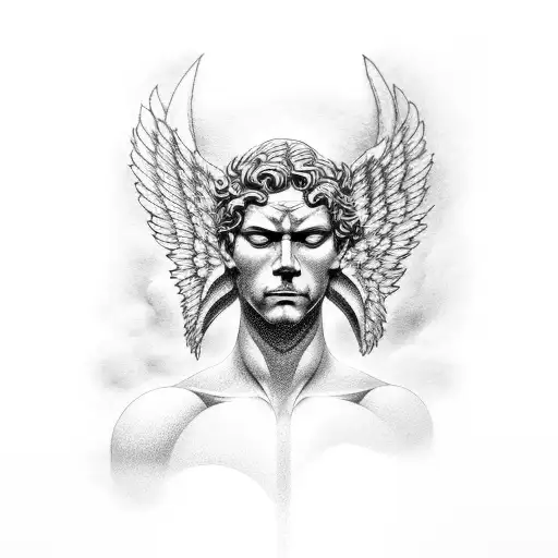 Dotwork Tattoo Of A Sculpture Shaping The Sky Into An Angry Angel Man
