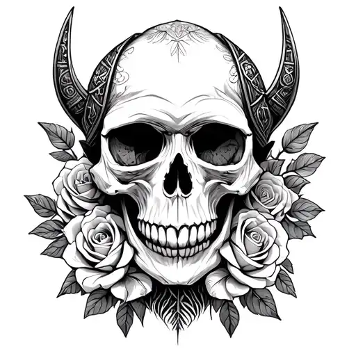 Create A Skull Surrounded By Roses And Viking Symbols