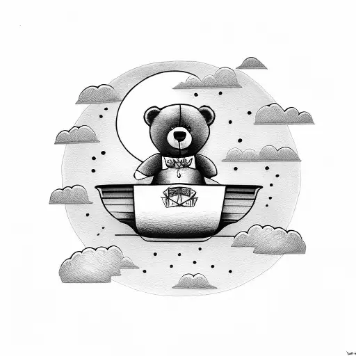 Teddy Bear On Sled In Clouds With Moon