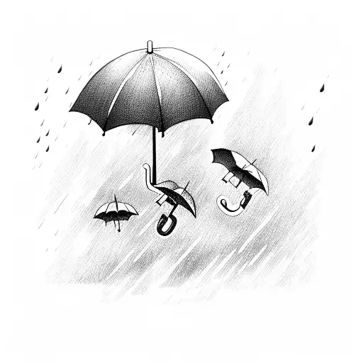 2 Umbrellas Flying In A Rainstorm And 2 Little Girls Watching Them From Down The Street