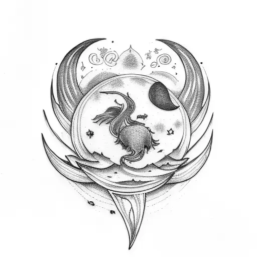 Long And Thin Tattoo With Moon And Lotus And Pheonix