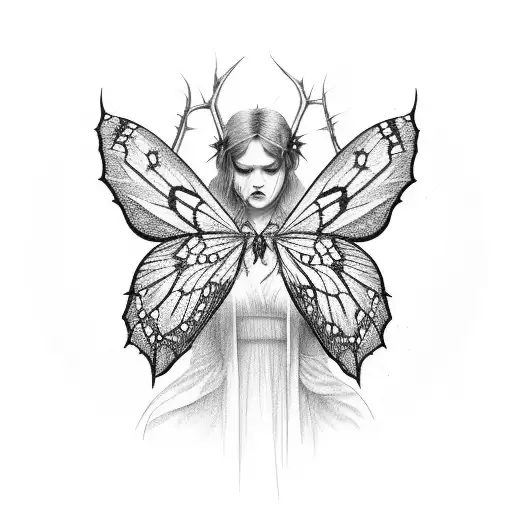 Woman With Moth Wings Wrapped In Thorns Of Roses