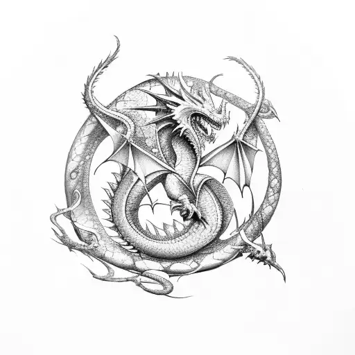 Fantasy Dragon In Flight With Elements Of Uroboros In Northern Style