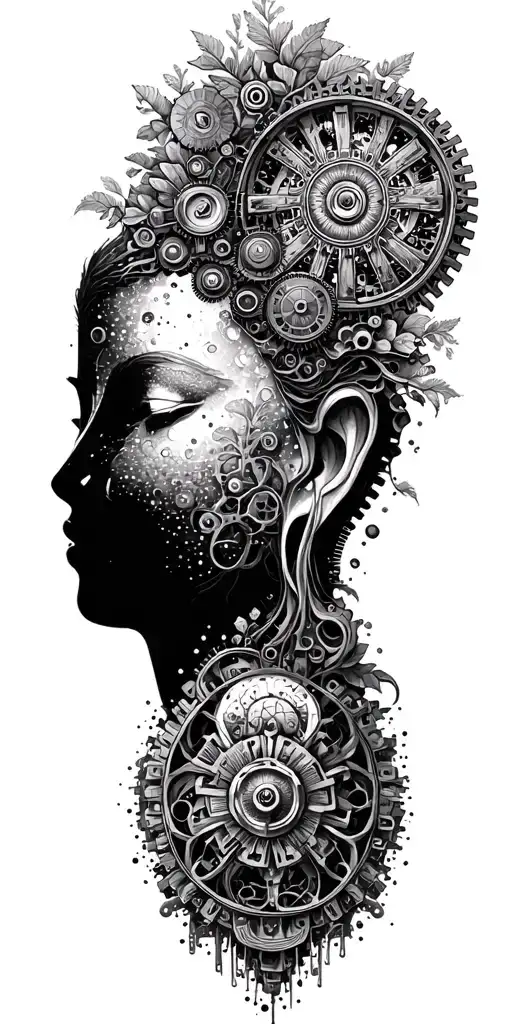 Path Of Enlightenment With Buddhist Symbols Of Nature And Steampunk Mechanical Gears