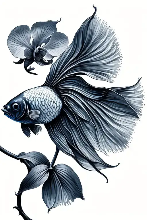 Betta Fish Crossed By An Orchid